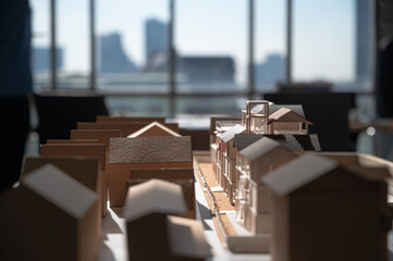 Close up Building model project on the table at the property office.