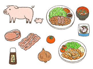 豚肉料理　とんかつ　生姜焼き　This is an illustration of Japanese pork dishes.