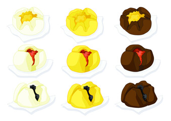 steamed stuff bun,colourful white yellow dark brown and chinese cuisine on white background vector illustration