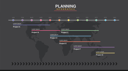 Dark Mode Infographic template for business. Modern Timeline diagram calendar with grantt chart, presentation vector infographic. Year planner, 12 months, 1 year processes and goal