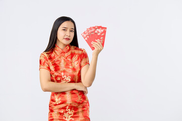 Asian woman in traditional red cheongsam dress