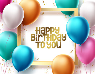 Happy birthday vector template design. Birthday greeting text in gold frame space with balloons and confetti elements for party celebrations and decoration. Vector illustration.