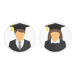 Graduates in gown and graduation cap icon. Illustration of young students woman and man character with diploma rolled scroll. Graduation, education concept.