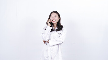 asian doctor woman calling isolated white background