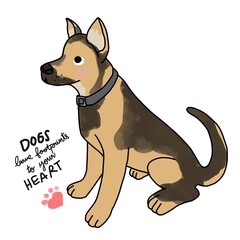 Alsatian dog with heart shape footprint and word dogs leave footprint to your heart cartoon vector illustration
