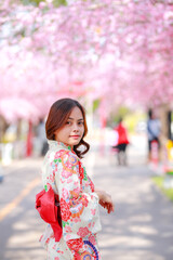 Portrait of a traveler young asian woman wear a dress yukata and walking on tree path in japan...