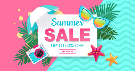 Fototapeta na wymiar Summer sale, up to 50% off. Fresh bright banner for your website.
