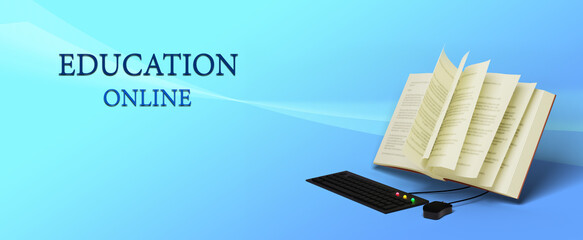 Digital Online Education. 3d of book, computer set learning on phone, mobile website background. social distance concept. Classroom Online internet network.