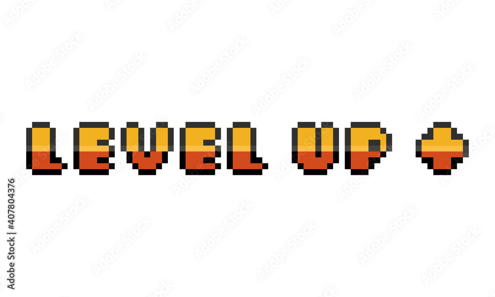 Wall mural Pixel art cartoon gold level up text with plus sign.