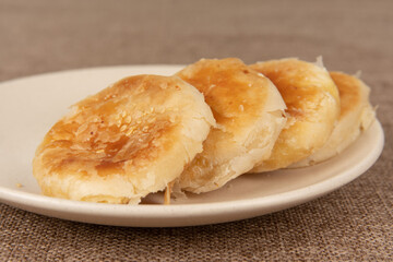 Mung bean cake on a linen background