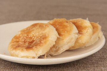 Mung bean cake on a linen background