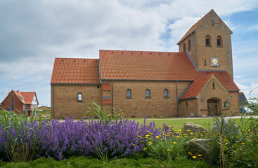 the historic church "Helligåndskirken" in Hvide Sande (Denmark) seen behind a bed of violet lavender plants and green lawn