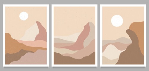 Mountain, forest, hill, wave, sun and moon on big set. Mid century modern minimalist art print. Abstract contemporary aesthetic backgrounds landscape. trendy vector illustrations