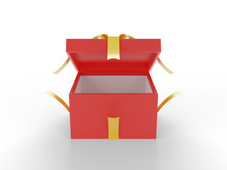 Red open gift box with ribbon isolated on white background. 3d illustration