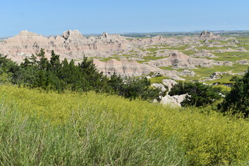 The beautiful green valley of Badlands National Park, South Dakota.