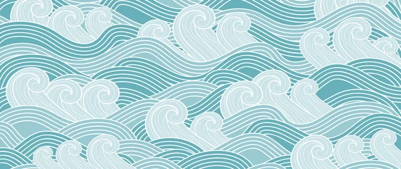 Fotobehang Oceaandieren Traditionele Japanse golfpatroon vector. Luxe oosterse stijl behang. Handgetekend lijnkunstontwerp voor prints, stof, poster en behang.