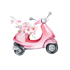 Watercolor pink retro scooter with pink spring flowers.