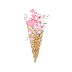 Watercolor ice cream cone with flowers and pink hearts