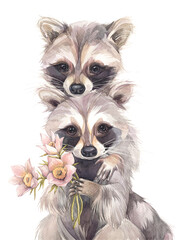 Cute baby raccoons with spring flowers. Hand drawn watercolor illustration © Aleksandra Foster