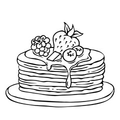Pancakes with maple syrup and a slice of butter, strawberries and raspberries on the plate doodle outline. Black and white pancakes isolated vector illustration. 
Traditional Russian Crepes Blini.