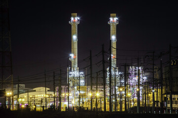 Night scene of industry factory plant with modern warehouse, Environmentally friendly manufacturing plant of new technology production line