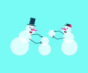 two funny smiling snowmen in black topper hats, making another snowman, created on blue background, family concept, Christmas and winter joy, flat design
