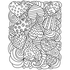 Antistress coloring page with hearts and ornate patterns, linear contour curls and waves for meditative coloring or Valentine's Day