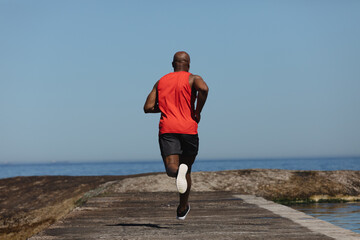 Rear view of fit senior african american man running on coastal path