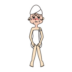 バスタオルを巻いたじっとり汗をかいた若い女性