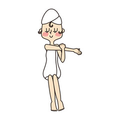 バスタオルを巻いたストレッチをしている若い女性