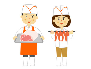 人物　精肉店　男女