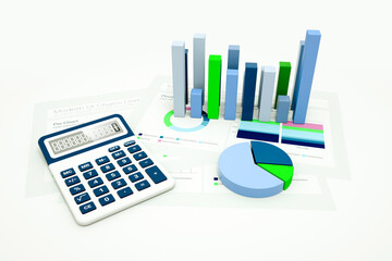 Graphs and Charts. 3D rendering of financial documents with graphs and pie charts.