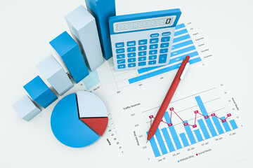 Abstract Finance Workplace. 3d rendering of Financial documents 3D graphs and pie charts. Pen and Calculator. Top view. Blue theme.