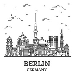 Outline Berlin Germany City Skyline with Historical Buildings Isolated on White.