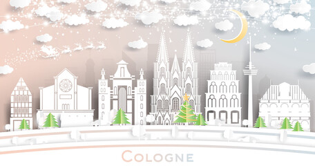 Cologne Germany City Skyline in Paper Cut Style with Snowflakes, Moon and Neon Garland.