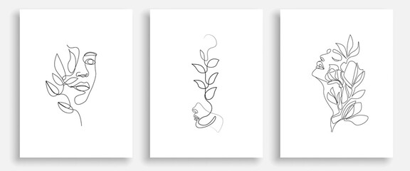 Fototapeta Woman Abstract Face with Flowers One Line Drawing. Female Portrait Minimalist Style. Botanical Print. Nature Trendy Symbol for Cosmetics. Continuous Line Art. Fashion Minimal Print. Beaty Logo. Vector obraz