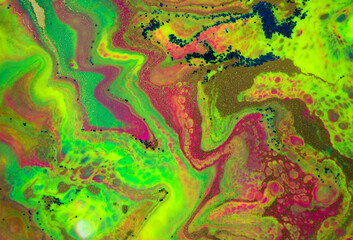 Neon colored wave marble pattern with gold, blue and green glitter. Stock illustration.