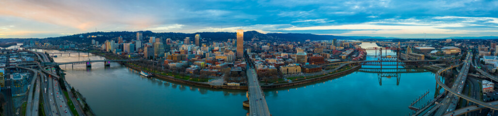 Panorama View of Burnside Bridge Crossing the Willamette River in Portland Oregon at Sunrise 