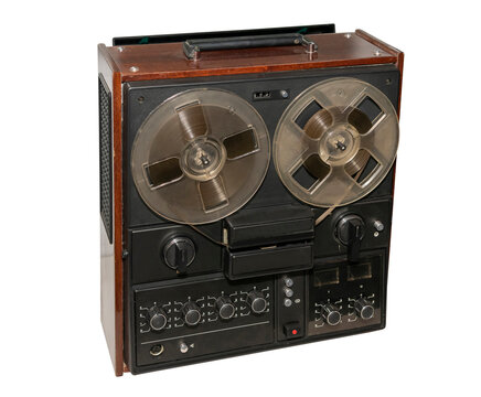 Reel stereo tape recorder, made in 1983, isolated on white