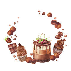Watercolor illustration with cake, cupcake and chocolate candies isolated on a white. Sweet wreath 