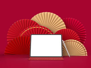 Paper fan medallion chinese new year decoration with tablet mockup. Concept of Happy Chinese New Year festival background. 3D rendering