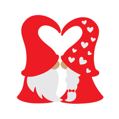 Vector illustration of Valentine’s day gnome in red dress kissing.
