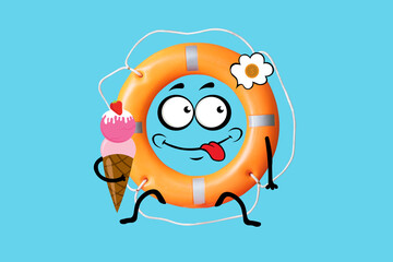 Funny lifebuoy with ice-cream on color background