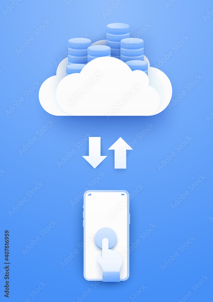 Poster 3D Cloud computing upload and download data online service. Digital security technology background. Vector art illustration