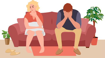 A young couple sits of the couch and quarrels. People spend time at home. The psychological concept of family quarrel and misunderstanding. Home conflict. Family quarrel or couple conflict.