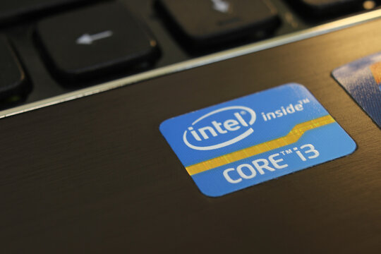 Sochi, Russia - 23 january 2021: Intel Core i3 inside sticker on laptop keyboard 