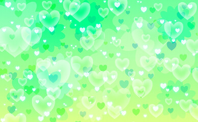 バレンタインのハートの背景。贈り物やお祝い、恋人、透明感のある緑色
