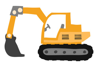 The excavator is cute in the style of a cartoon. Vector illustration of a yellow construction machine. on a white isolated background. For T-shirt print