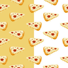 Seamless pizza pattern background vector illustration in flat cartoon style. Delicious cheese pizza with 2 background color variation yellow and white perfect for packaging product, wall sticker etc