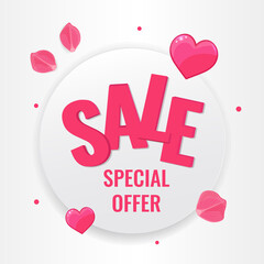 Happy Valentines Day concept. Circle banner with pink hearts and rose petals on white background. Vector image for advertising, web promo, printing.